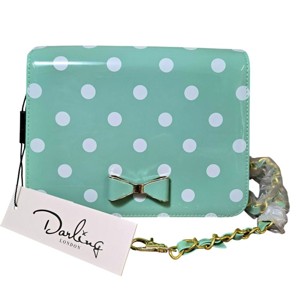 Darling London Matilda Bag Duck Egg Green White Polka Dot Bow Clutch Crossbody
